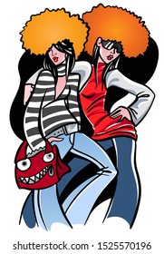 Fashion illustration. Pair of standing figures of trendy young hipster or hippie women. Wearing jeans, top, fur hats, red bag. Style of  1980. Fashion models and design. Vector colorful illustration