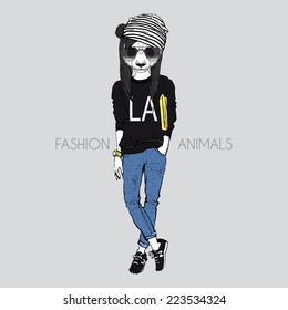 Fashion illustration of panda girl dressed up in city urban style