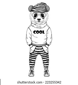 fashion illustration of panda kid dressed up in urban style