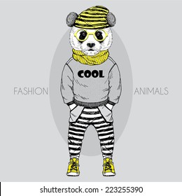 fashion illustration of panda kid dressed up in urban style