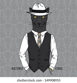 Fashion Illustration of Panther dressed in Vintage Style, Retro Chic, Vector Image