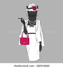 fashion illustration of panther girl dressed up in classy style