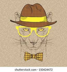 Fashion Illustration of Panther, Hipster Style, Vector Image