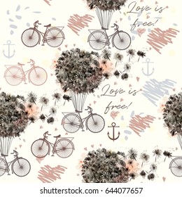 Fashion illustration or pattern with dandelions and retro bicycle. Summer love