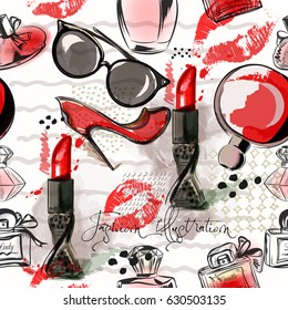 Fashion illustration or pattern with red lipstick, shoes, glasses and perfume. Watercolor style