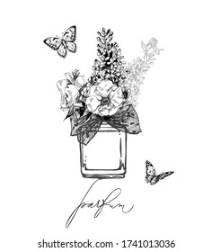 Fashion Illustration With A Perfume Bottle, Butterflies And Blooming Apple Flowers, Lilac.Vector Concept Of Advertising, Poster, Brochure. Sketch.