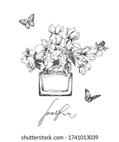 Fashion illustration with a perfume bottle, butterflies and blooming Apple flowers. Vector Concept of advertising, poster, brochure. Sketch.