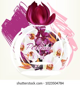 Fashion illustration with perfume bottle and orchid flowers