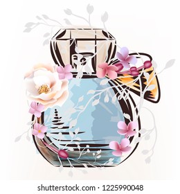 Fashion illustration with perfume bottle and rose flower