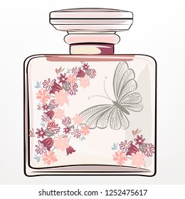 Fashion illustration with pink perfume  bottle and flowers