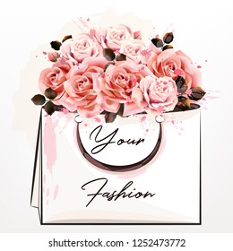 Fashion illustration with pink  roses and shopping pack