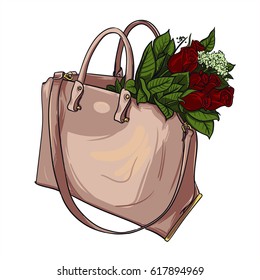 Fashion illustration: Pink trendy designer bag with dark red roses 