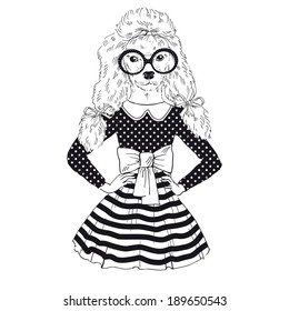 fashion illustration of poodle doggy dressed up in glamour style