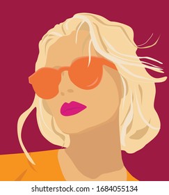 Fashion illustration portrait Girl wearing sunglasses Brigh summer illustration Great for poster, wall art, greeting card. Vector flat illustration Summer vibes Blonde girl Orange, pink, yellow 