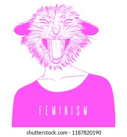 Fashion illustration. Poster, postcard, design for T-shirt. Feminist with cat's head. The struggle for women's rights. Girls Power, empowered women, Feminism ideas. International womens day