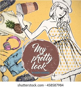 Fashion illustration with pretty girl and accessories.