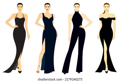 Fashion illustration of pretty young ladies with slim body shape in evening attire, vector set in color, isolated, on white background.