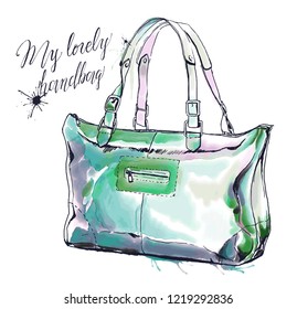 Fashion illustration with purse, elegant female colorful handbag. Vector hand drawing of lovely sac isolated on white. Ink and watercolor