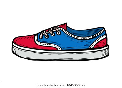 Fashion illustration with red and blue sneakers and ink spots. Hand drawn vector illustration