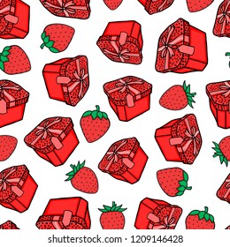 Fashion illustration of a red strawberry and red gift box seamless pattern. Hand drawing sketch. Vector illustration background. Christmas and New Year's packaging concept wrapping paper