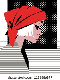 fashion illustration in retro comic style.Vector pop art portrait of a young girl in profile in a headscarf.Minimalistic geometric background in a limited palette of colors.