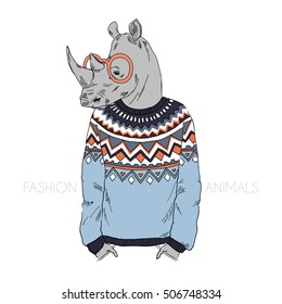 fashion illustration of rhino dressed up in jacquard pullover, hipster animals, anthropomorphism