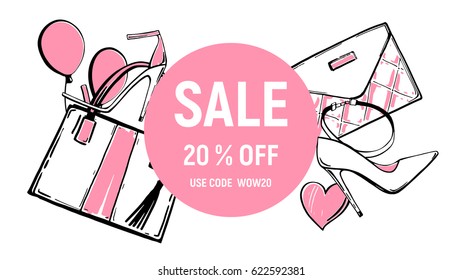 Fashion illustration Sale banner 20% off offer. Hand drawn fashion accessories. Sketch art set. Vector. 