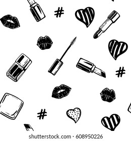 Fashion illustration seamless pattern. Lips and lipstick, nail polish, hashtag symbol. Sketch set.