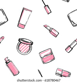 Ilustración de la moda patrón sin fisuras. Fondo de herramientas cosméticas maquilladoras. Elementos de diseño hechos a mano. Conjunto de sketch de cosméticos.