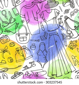 Fashion illustration seamless pattern.Summer vacation wear and watercolor splash.Vector hand drawn linear doodle,fashionable women clothes,dress and accessories background.Wrap,textile,wallpaper