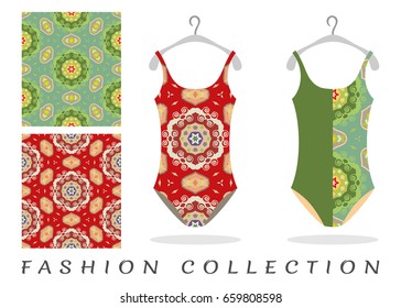 Fashion illustration. Set of 2 seamless patterns and women's swimsuit collection on a hanger. Colorful repeating texture for textile fabric paper print. Isolated design elements on a white background