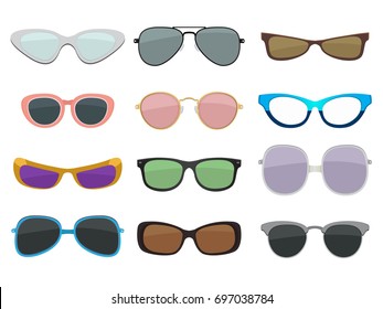 Fashion illustration set. Different sizes and types of sunglasses. Vector colored pictures in cartoon style