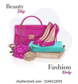 Fashion illustration. Fashion set with shoes, bag, books and flower. Stylish shoes from the new collection. Advertising promo banner, online shopping in social networks, beauty article