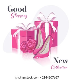 Ilustración de moda. Moda con zapatos, regalo y flor. Zapatos elegantes de la nueva colección. Banner publicitario promocional, compras en línea en redes sociales. Plantilla web con tacones hermosos. 