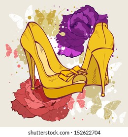 Fashion illustration of shoes and beauty of flowers