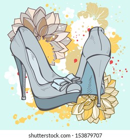Fashion illustration of shoes and beauty of flowers with butterflies