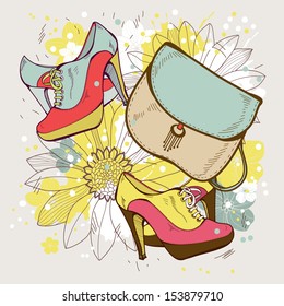 Fashion illustration of shoes and beauty of flowers with butterflies