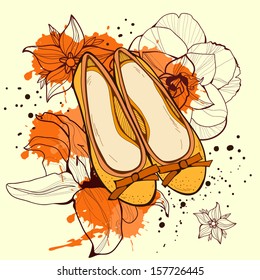 Fashion illustration of shoes and beauty of flowers  