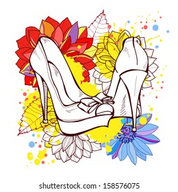 Fashion illustration of shoes and beauty of flowers 