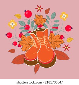 Fashion illustration of shoes and beauty rowan and leaves