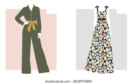Fashion illustration showcasing a chic olive green jumpsuit and a colorful abstract printed maxi dress.