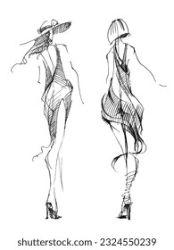 Fashion illustration. Silhouette of a beautiful woman. Line drawing of a girl. Fashion model. Female figure