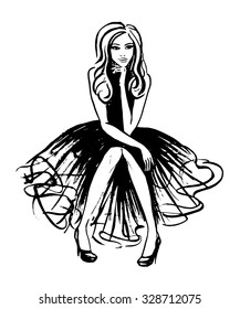 Fashion illustration of sitting and thinking woman in evening dress. Ink outline sketch