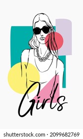 Fashion illustration with “Girls” slogan. Vector illustration for t-shirt print and other uses. 