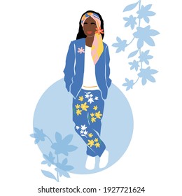 Fashion illustration spring girl and flowers. Abstract beauty woman. Beautiful teenager in spring-summer outfit. Vector girl in a flat minimalist style