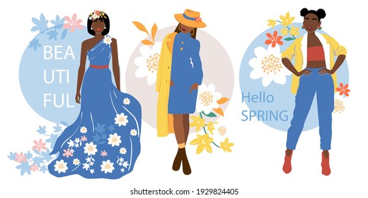 Fashion illustration spring girls and flowers set. Abstract beauty women. Beautiful teenager in spring-summer outfit. Vector flat minimalist style