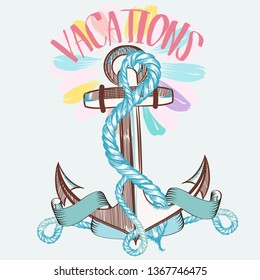 Fashion illustration, spring vacation theme, vector anchor and flower