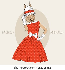 Fashion illustration of squirrel girl dressed up in retro style