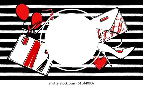 Fashion illustration style frame. Set with accessories, shoes, hand bags on striped background. Vector.