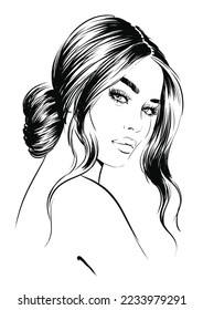 fashion illustration of stylish attractive woman with romantic hairstyle